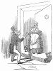 Иллюстрация, изображающая забавную сцену поимки мелкого мошенника бдительной английской хозяйкой (The Illustrated London News №98 от 16/03/1844 г.)
