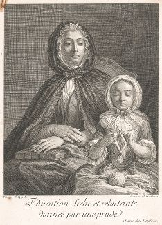 Девочка учиться вязать под присмотром суровой дамы. Гравюра с живописного оригинала Шарля Антуана Куапеля, придворного художника Людовика XV. 