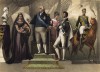 Людовик XVIII — король Франции (1814—1824, с перерывом в 1815) в окружении вдовы герцога Беррийского с сыном и герцога Ангулемского с супругой; Карл X (1824 - 1830) - последний представитель старшей линии Бурбонов на французском престоле