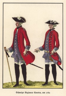 Офицеры швейцарского полка Сourten в 1762 году (из популярной в нацистской Германии работы Мартина Лезиуса Das Ehrenkleid des Soldaten... Берлин. 1936 год)