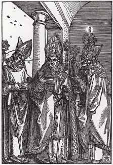 Святитель Николай (покровитель моряков, купцов и детей (270--245)), святой Эразм (святой Эльм (?--303) и святой Ульрих (гравюра Альбрехта Дюрера)