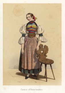 Традиционный женский костюм кантона Унтервальден. Сoutumes suisses dessinés d'aprés nature, par J.Suter. Париж, 1840