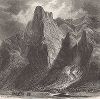 Скалы Сентинел и одноимённый водопад. Йосемити, штат Калифорния. Лист из издания "Picturesque America", т.I, Нью-Йорк, 1872.