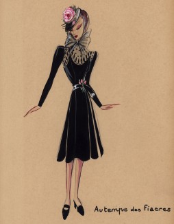 Платье чёрного бархата и шляпка-розочка из коллекции осень-зима 1942-43 года парижского дизайнера Мари-Луиз Брюйер (собственноручная гуашь автора). Уникальный документ истории моды времен Второй мировой войны