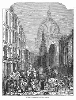 Оживлённая Флит--стрит -- улица в лондонском Сити, вдоль которой расположены главные судебные учреждения Великобритании, а также офисы многих газет (The Illustrated London News №297 от 08/01/1848 г.)
