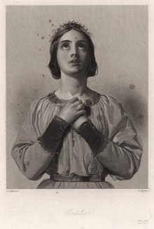 Корделия, героиня пьесы Уильяма Шекспира "Король Лир". The Heroines of Shakspeare. Лондон, 1850-е гг.