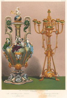 Роскошная ваза от J. L. Hubert, символически изображающая Вселенную, и канделябр из Парижа (Каталог Всемирной выставки в Лондоне. 1862 год. Том 3. Лист 266)