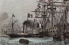 Церемония разгрузки фрегата "Бель Пуль", доставившего прах императора Наполеона I c острова Святой Елены в порт Шербур 8 декабря 1840 г. Гравюра на стали. Париж, 1837