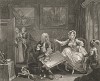 Карьера шлюхи, гравюра 2 «Ссора с богатым покровителем», 1732. Молл живет на содержании у богатого еврея и изменяет ему с молодым любовником. На гравюре: девушка устраивает сцену хозяину, пока любовник убегает. Лондон, 1838