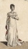 Атласное платье с высоким поясом и оборками по подолу. Накидка из бархата, отороченная горностаевым мехом. Из первого французского журнала мод эпохи ампир Journal des dames et des modes, Париж, 1813. Модель № 1301