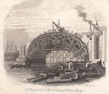 Строительство моста Ватерлоо в Лондоне, открытого 18 июня 1817 года. Вид на строящуюся центральную арку. 