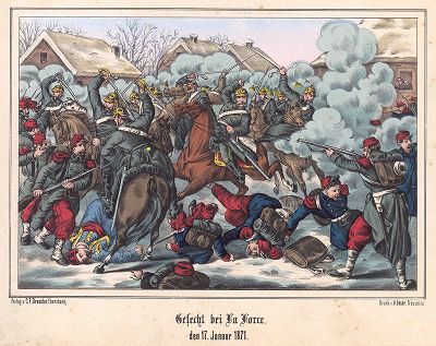 Франко-прусская война 1870-71 гг. Бой в местечке Ла Форс 17 января 1871 г. Редкая немецкая литография