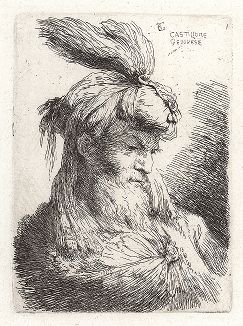 Голова старика в восточном тюрбане (вправо). Офорт Джованни Кастильоне из сюиты «Малые головы, убранные на восточный манер», ок. 1645-50 гг. 