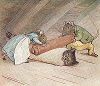 Анна Мария и Сэм-Усик закатывают котенка Тома в рулетик. Иллюстрация Беатрис Поттер к "Сказке о пироге и Сэме-Усике" (The Roly-Poly Pudding), Нью-Йорк, 1908 год. 