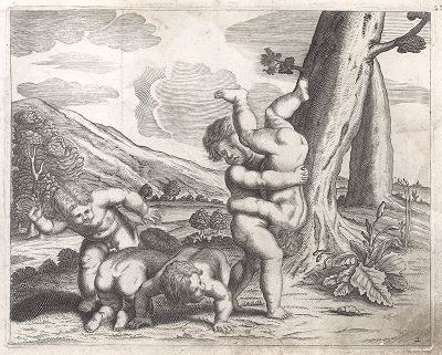 Пять играющих малышей. Гравюра с оригинала известного фламандского художника и гравёра Корнелиса Схюта, ок. 1650 года