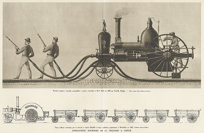 Первый паровой автомобиль с пожарным насосом, сконструированный в Нью-Йорке Полом Ходжем в 1840 году. L'automobile, Париж, 1935