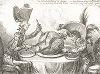 Пудинг в опасности, или государственные эпикурейцы принимаются за завтрак. Наполеон I и Уильям Питт делят земной шар. Карикатура Джеймса Гилрея, 1805 год. 