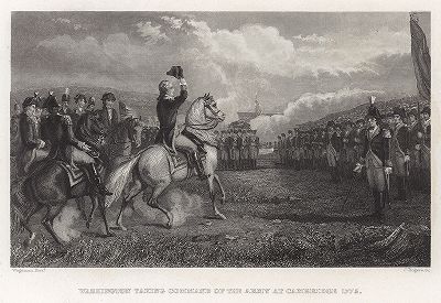 Джордж Вашингтон отдает приказ войскам американских сепаратистов: 19 июля 1775 года атаковать англичан под Кембриджем, Массачусетс. Gallery of Historical and Contemporary Portraits… Нью-Йорк, 1876