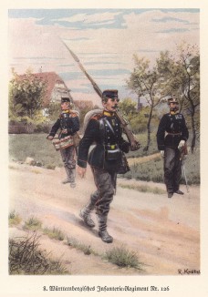 Армия Второго Рейха. Пехотинцы 126-го Вюртембергского полка в 1871 году (из популярной в нацистской Германии работы Мартина Лезиуса Das Ehrenkleid des Soldaten... Берлин. 1936 год)