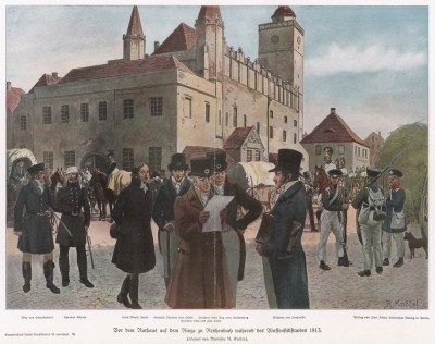 Площадь у ратуши города Рейхенбах в прусской провинции Силезия, где 15 июня 1813 г. был заключен союзный договор между Россией, Пруссией и Англией против Франции, 17 июня к нему примкнула Австрия. Немецкие писатели Готлиб фон Шенкендорф (1783-1817),