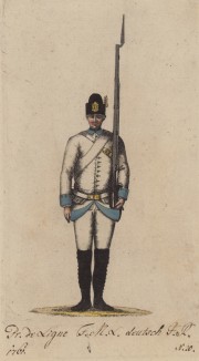 Солдат прусской линейной пехоты в 1761 г. Schema aller uniformen der Kaiserlish, Koniglish  Kriegsvölker. Вена, 1787