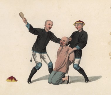Наказание посредством нанесения многочисленных ударов по голове (лист 7 устрашающей работы "Китайские наказания", изданной в Лондоне в 1801 году)