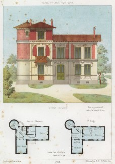Дом красного кирпича, стилизованный под шале, с ажурным деревянным балкончиком (из популярного у парижских архитекторов 1880-х Nouvelles maisons de campagne...)