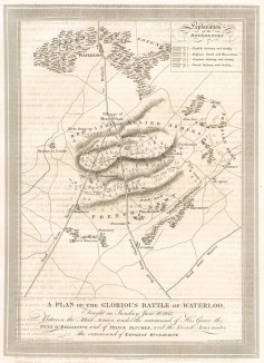 Первый план битвы при Ватерлоо 18 июня 1815, составленный вскоре после её окончания (из An Illustrated Record of Important Events in the Annals of Europe during the Years 1812 1813 1814 1815. Лондон. 1816 год)