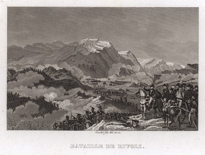 Генерал Бонапарт в сражении при Риволи 14-15 января 1797 г. Пять австрийских дивизий под командованием генерал-фельдмаршала Йозефа Альвинци атаковали позиции генерала Бонапарта на высотах Риволи