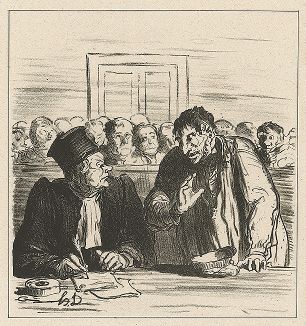 Подсудимый адвокату: - "Похоже, Преседатель заскучал. Почему бы Вам просто не предложить ему отпустить меня. " Литография Оноре Домье из серии "Croquis Parisiens", 1866 год.