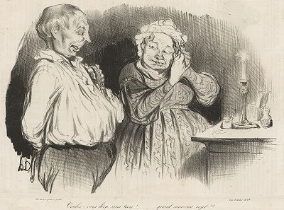 "Потише, шалунишка!". Литография Оноре Домье из серии "Croquis d'Expressions", опубликованная в журнале Le Charivari, 1839 год.