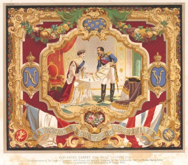 Королева Виктория и Наполеон III -- главные герои ковра от компании Thomas Tapling & Son, созданного в технологии акминстер в честь подписания торгового договора с Францией (Каталог Всемирной выставки в Лондоне. 1862 год. Том 3. Лист 300a)