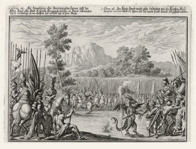 Царь Давид противостоит дьяволу (из Biblisches Engel- und Kunstwerk -- шедевра германского барокко. Гравировал неподражаемый Иоганн Ульрих Краусс в Аугсбурге в 1700 году)