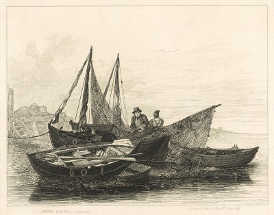 Рыбацкие лодки, Peter boats (англ.), с отверстиями по бокам, благодаря которым улов хранился в лодке и в воде, а рыба не портилась. Эвард Кук. Shipping and Craft, 1829 г.