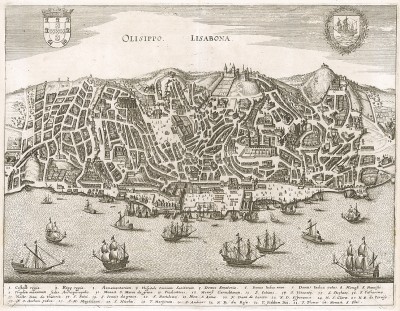 Лиссабон (Olisippo. Lisabona) вид с высоты птичьего полета. План составил Маттеус Мериан. Франкфурт-на-Майне, 1695
