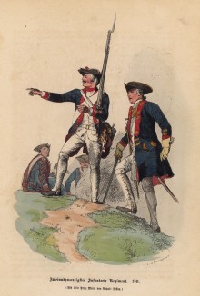 Прусские пехотинцы в 1741 году (иллюстрация Адольфа Менцеля к известной работе Эдуарда Ланге "Солдаты Фридриха Великого", изданной в Лейпциге в 1853 году)