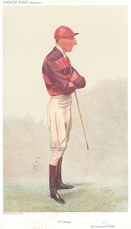 Джордж Джеймс Тьюрсби (1869 - ?) - жокей, дважды приходивший вторым на Дерби, позже - тренер и владелец скакунов. Карикатура из знаменитого британского журнала Vanity Fair. Лондон, 1874