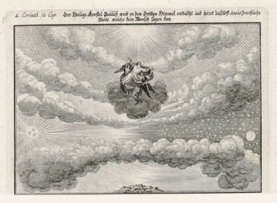 Апостол Павел возносится на небо (из Biblisches Engel- und Kunstwerk -- шедевра германского барокко. Гравировал неподражаемый Иоганн Ульрих Краусс в Аугсбурге в 1700 году)