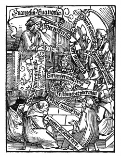 Теологический диспут. Зебальд Бехам для Johann Schwarzenberg / Beschworung der Schlange. Издал Hans Herrgott, Нюрнберг, 1525