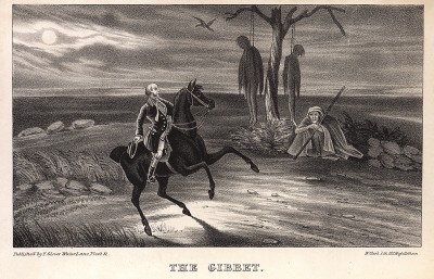 Турпин на своем пути встречает дерево с повешенными, оставленными там для устрашения. Turpin's Ride to York. Лондон, 1839 