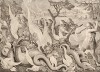 Индия породила огромного змея с мощным телом, который обычно прячется в воде, но выходит, побуждаемый голодом, и, вися на тенистом дереве, ловит скот. Тогда его убивают огнём (Venationes Ferarum, Avium, Piscium, лист 44)