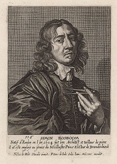 Симон Босбоум (1614 -- 1662 гг.) -- голландский архитектор, рисовальщик и писатель. Гравюра Петера де Йоде с оригинала Николаса ван Хелта. 