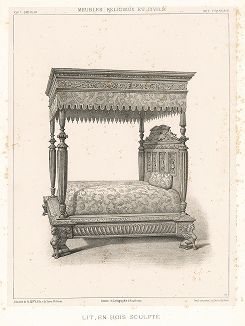 Французская кровать с резьбой, XVI век. Meubles religieux et civils..., Париж, 1864-74 гг. 