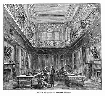 Общедоступный зал для проведения патентного поиска в Геральдической палате Великобритании в Лондоне, построенной по проекту архитектора Томаса Кабитта (1788 -- 1855 гг.) (The Illustrated London News №103 от 20/04/1844 г.)