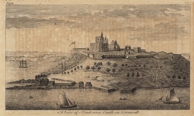 Вид на замок Пенденнис в графстве Корнуолл (Англия) (из A New Display Of The Beauties Of England... Лондон. 1776 г. Том 2. Лист 402)