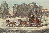 Почтовый дилижанс в снежной буре. С гравюры Джеймса Полларда и Ривза из издания "Кареты и поезда". Лондон, 1965 г.