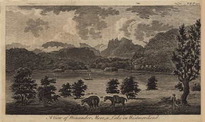 Вид на озеро Винандер-Мэр, или Виндермэр, в графстве Вэстморленд (из A New Display Of The Beauties Of England... Лондон. 1776 г. Том 2. Лист 192)