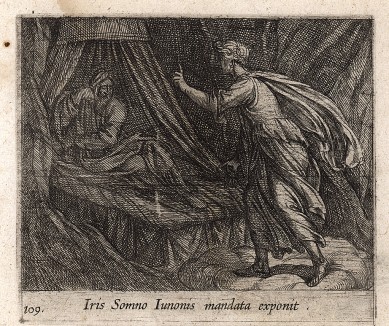 Вестница богов Ирида передаёт богу сна Морфею заповеди Юноны. Гравировал Антонио Темпеста для своей знаменитой серии "Метаморфозы" Овидия, л.109. Амстердам, 1606