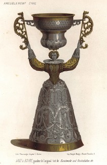 Роскошная чаша в виде придворной дамы в костюме XVI века из золота и серебра (из Les arts somptuaires... Париж. 1858 год)