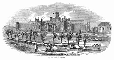 Здание тюрьмы, построенное в 1844 году в английском городе Рединг графства Беркшир архитекторами Сэром Джорджем Гилбертом Скоттом (1811 -- 1878) и мистером Уильямом Бонитоном Моффатом (1812 -- 1887) (The Illustrated London News №94 от 17/02/1844 г.)